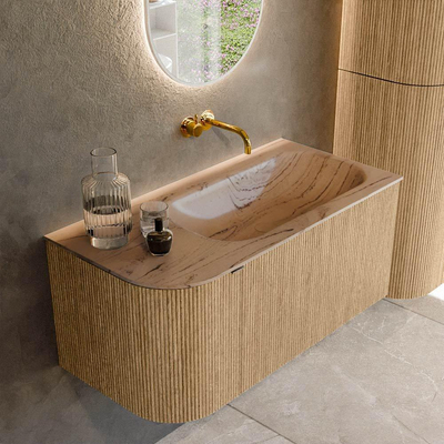 MONDIAZ KURVE-DLUX Meuble de salle de bains 95cm courbe Gauche couleur Chêne avec 1 tiroir et 1 porte. Lavabo BIG SMALL Droite sans trou de robinet Arena.