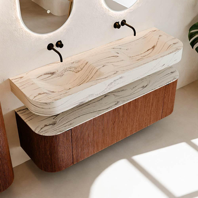 MONDIAZ THOR-DLUX 150cm meuble de salle de bains arrondi gauche + droite couleur Ruby avec 1 tiroir et 2 portes. Vasque suspendue CLOUD Double sans trou de robinet couleur Nata.