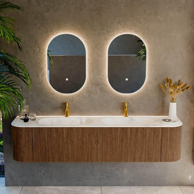 MONDIAZ KURVE-DLUX 190cm Meuble salle de bain avec module 25 G et D - couleur Walnut - 2 tiroirs - 2 portes - vasque STOR SMALL double - 2 trous de robinet - couleur Ostra