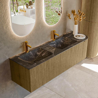 Mondiaz KURVE-DLUX Ensemble de meuble de salle de bains - 155x46x40cm - 2 tiroirs - 1 porte - lavabo solid surface - double / gauche - 2 trous de robinet - Dusk