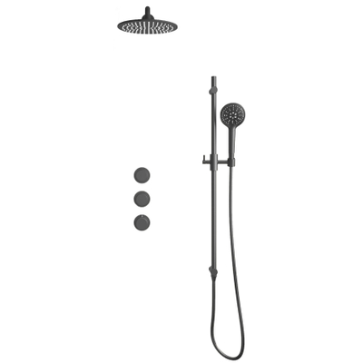 Fortifura Nebbio Ensemble de douche pluie - robinet encastré - partie encastrée - barre coulissante - flexible de douche métal - douchette ronde - bras mural 35cm - pomme de douche ronde - finition PVD gunmetal brossé
