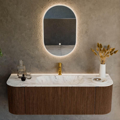 MONDIAZ KURVE-DLUX 140cm badmeubel met module 25 Len R kleur Walnut met 1 lade en 2 deuren. Wastafel BIG SMALL midden 1 kraangat kleur Glace.