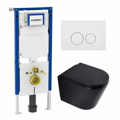 QeramiQ Dely Toiletset - 36.3x51.7cm - diepspoel - rimless - Geberit UP720 inbouwreservoir - softclose toilet zitting - 35mm - glans witte bedieningsplaat - ronde knoppen - mat zwart