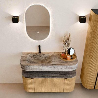 MONDIAZ THOR-DLUX 110cm badmeubel ronding links + rechts kleur Oak met 1 lade en 2 deuren. Vrijhangende wastafel CLOUD Links 1 kraangat kleur Oza.