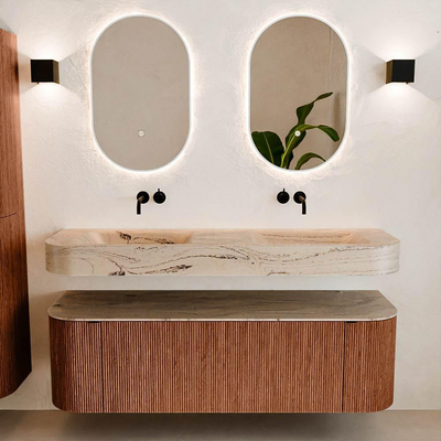 MONDIAZ THOR-DLUX 150cm meuble de salle de bains arrondi gauche + droite couleur Ruby avec 1 tiroir et 2 portes. Vasque suspendue CLOUD Double sans trou de robinet couleur Arena.