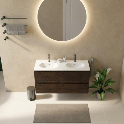 Saniclass Holz Pure Ensemble de meubles de salle de bains - 120x45x74cm - lavabo Chaci en céramique blanc - 2 vasques - 2 trous de robinetterie - 4 tiroirs - chêne charcoal mat (bois)