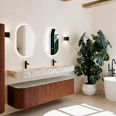 MONDIAZ THOR-DLUX 170cm meuble de salle de bains arrondi gauche + droite couleur Ruby avec 1 tiroir et 2 portes. Vasque suspendue CLOUD Double 2 trous de robinet couleur Glace.