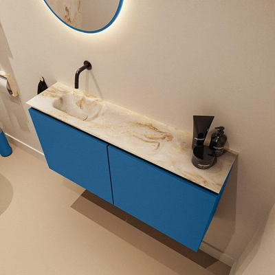 MONDIAZ TURE-DLUX Meuble toilette - 100cm - Jeans - EDEN - vasque Frappe - position gauche - sans trou de robinet