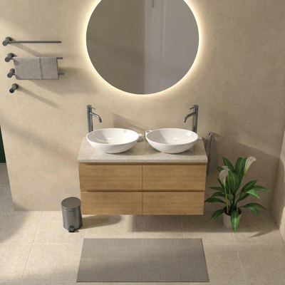 Saniclass Holz Pure Ensemble de meuble de salle de bains - 120x45x63cm - Plan de travail en pierre naturelle travertin - 2 trous de robinetterie - 4 tiroirs - chêne natural mat (bois)