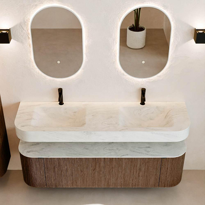MONDIAZ THOR-DLUX 160cm badmeubel ronding links + rechts kleur Walnut met 1 lade en 2 deuren. Vrijhangende wastafel CLOUD Dubbel 2 kraangaten kleur Opalo.