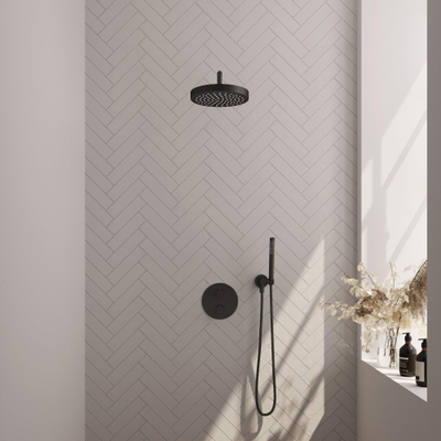 BRAUER Stripe Thermostatische Inbouw Regendouche - 3-weg - rond - SET 38 - 25cm douchekop - gebogen muurarm - staaf handdouche - doucheslang - wandaansluitbocht - mat zwart