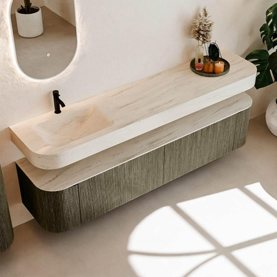 MONDIAZ THOR-DLUX 200cm meuble de salle de bains arrondi gauche + droite couleur Shadow avec 2 tiroirs et 2 portes. Vasque suspendue CLOUD Gauche 1 trou de robinet couleur Meli.