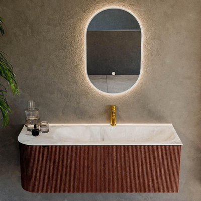 Mondiaz KURVE-DLUX Badkamermeubelset - 125x46x40cm - 1 lade - 1 deur - wastafel solid surface - rechts - 1 kraangat - Ruby