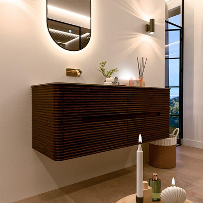 Mondiaz CIRO-DLUX Badkamermeubelset - 130x45x50cm - Solid surface wastafel Oza - 1 wasbak Links - zonder kraangaten - 4 lades - Walnut