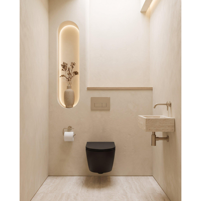 QeramiQ Dely Toiletset - 36.3x51.7cm - Geberit UP720 inbouwreservoir - rimless - diepspoel - 35mm zitting - softclose - bedieningsplaat taupe - rechthoekige knoppen - mat zwart