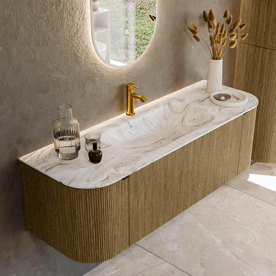 Mondiaz KURVE-DLUX Ensemble de meuble salle de bain - 140x46x40cm - 1 tiroir - 2 portes - lavabo en solid surface - milieu - 1 trou de robinet - Dusk