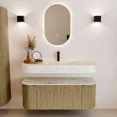 MONDIAZ THOR-DLUX 120cm meuble de salle de bains arrondi gauche + droite couleur Dusk avec 1 tiroir et 2 portes. Vasque suspendue CLOUD Milieu 1 trou de robinet couleur Ostra.