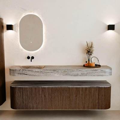 MONDIAZ THOR-DLUX 180cm badmeubel ronding links + rechts kleur Walnut met 2 lades en 2 deuren. Vrijhangende wastafel CLOUD Links zonder kraangat kleur Oza.