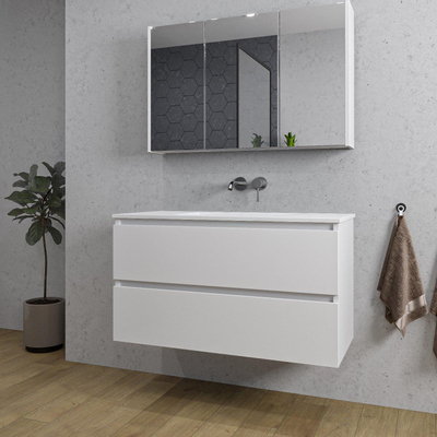 Saniclass Chaci Meuble de salle de bain - 100x46x55cm - lavabo en céramique blanc - 1 vasque - sans trous de robinet - 2 tiroirs - armoire miroir - blanc mat