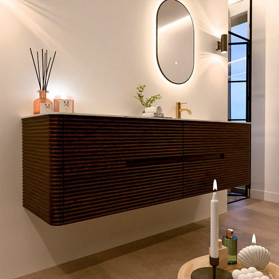Mondiaz CIRO-DLUX Badkamermeubelset - 170x45x50cm - Solid surface wastafel Opalo - 1 wasbak Rechts - 1 kraangat - 4 lades - Walnut