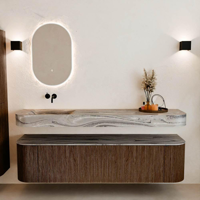 MONDIAZ THOR-DLUX 180cm badmeubel ronding links + rechts kleur Walnut met 2 lades en 2 deuren. Vrijhangende wastafel CLOUD Links zonder kraangat kleur Sombra.