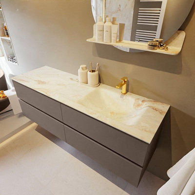 Mondiaz VICA-DLUX ensemble de meuble de salle de bain - 150cm - meuble sous-vasque fumée - 4 tiroirs - lavabo encastré nuage droite - 1 trou de robinet - version haute 60cm - frape