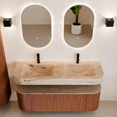 MONDIAZ THOR-DLUX 140cm meuble de salle de bains arrondi gauche + droite couleur Ruby avec 1 tiroir et 2 portes. Vasque suspendue CLOUD Double 2 trous de robinet couleur Arena.