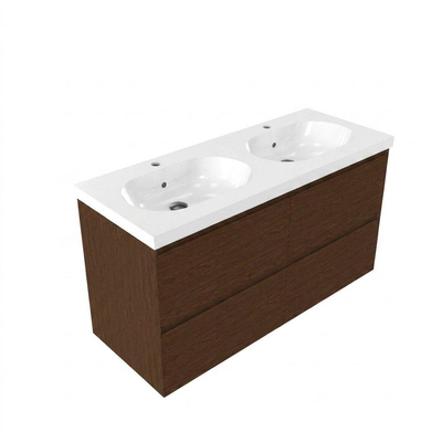 Saniclass Holz Pure Ensemble meuble de salle de bains - 120x45x63.5cm - lavabo en céramique Palermo blanc - 2 vasques - 2 trous de robinetterie - 4 tiroirs - noyer pure mat (bois)