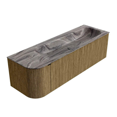 MONDIAZ KURVE-DLUX Meuble de salle de bains 145cm arrondi à gauche couleur Dusk avec 1 tiroir et 1 porte. Lavabo BIG LARGE à droite sans trou de robinetterie Sombra.