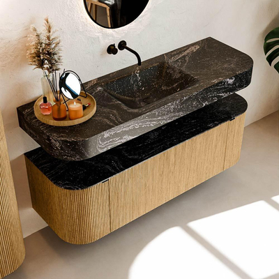 MONDIAZ THOR-DLUX 140cm badmeubel ronding links + rechts kleur Oak met 1 lade en 2 deuren. Vrijhangende wastafel CLOUD Midden zonder kraangat kleur Lava.