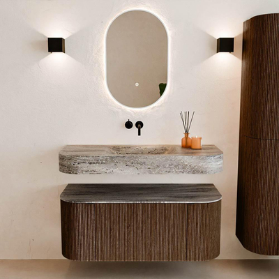 MONDIAZ THOR-DLUX 110cm meuble de salle de bains arrondi gauche + droite couleur Walnut avec 1 tiroir et 2 portes. Vasque suspendue CLOUD Milieu sans trou de robinet couleur Oza.