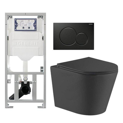 QeramiQ Dely Toiletset - Geberit UP320 inbouwreservoir - met Burda frame - zwart glanzende bedieningsplaat - toilet - zitting - mat zwart