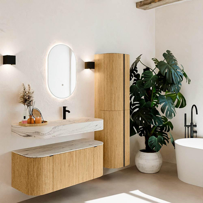 MONDIAZ THOR-DLUX 110cm badmeubel ronding links + rechts kleur Oak met 1 lade en 2 deuren. Vrijhangende wastafel CLOUD Rechts 1 kraangat kleur Nata.