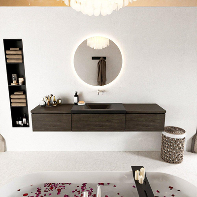 MONDIAZ BUKLA 200cm ensemble de meuble avec module 60 couleur Marron Foncé avec 3 tiroirs. Lavabo CLOUD milieu 0 trous de robinet couleur Urban.