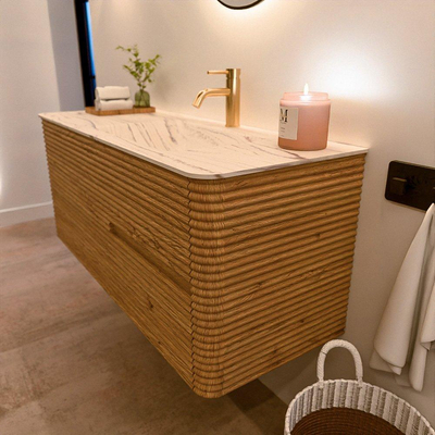 Mondiaz CIRO-DLUX Meuble de salle de bains - 120x45x50cm - Vasque solid surface Nata - 1 lavabo à droite - 1 trou de robinet - 2 tiroirs - Chêne