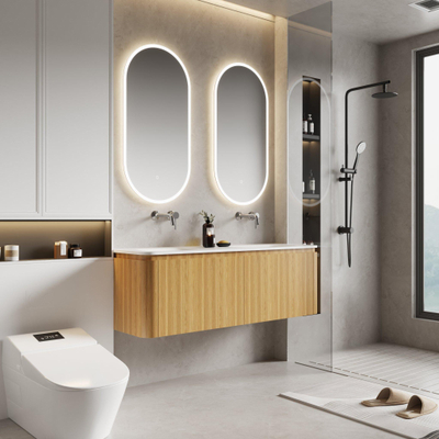 Saniclass Terra Badkamermeubelset - 140x42x45.5cm - solid surface wastafel wit mat - 2 wasbakken - 4 lades - Sandwood (licht eiken)