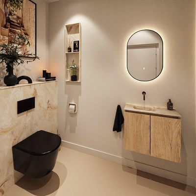 MONDIAZ TURE-DLUX Meuble toilette - 60cm - Washed Oak - EDEN - vasque Frappe - position gauche - sans trou de robinet
