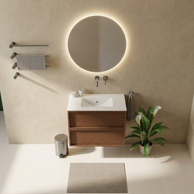 Saniclass Holz Frame Ensemble de meubles de salle de bains - 80x45x62cm - Lavabo Vygo en céramique blanc - 1 vasque - sans trou de robinet - 2 tiroirs - noyer pure mat (bois)