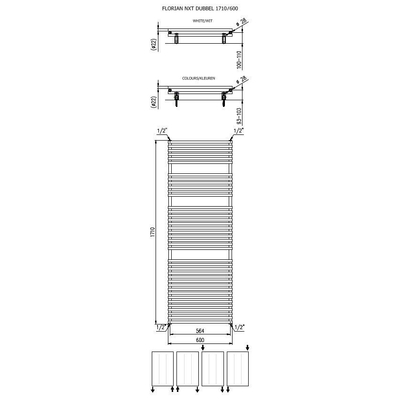 Plieger Florian Nxt designradiator dubbel horizontaal 1710x600mm 1366W zwart grafiet (black graphite)