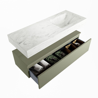 Mondiaz ALAN-DLUX Ensemble de meuble - 120cm - meuble Army mat - 1 tiroir - Lavabo Cloud Opalo suspendu - vasque Droite - 0 trous de robinet
