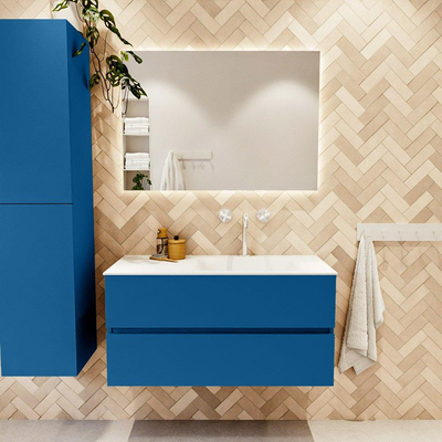 Mondiaz VICA ensemble de meuble de salle de bain - 100cm - meuble sous-vasque jeans - 2 tiroirs - lavabo cloud droite - 1 trou de robinet - couleur talc - miroir LED - version XL 60cm haut