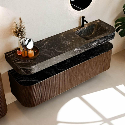 MONDIAZ THOR-DLUX Meuble de salle de bains 170cm arrondi gauche + droite couleur Walnut avec 1 tiroir et 2 portes. Vasque suspendue CLOUD droite 1 trou de robinet couleur Lava.