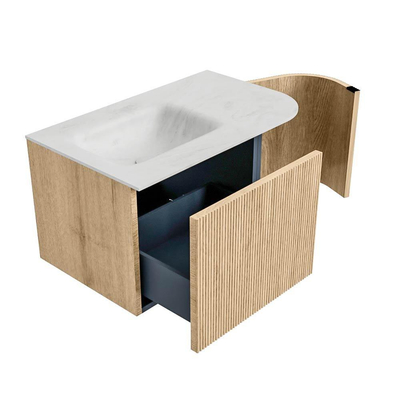 MONDIAZ KURVE-DLUX Meuble de salle de bains 75 cm avec module 25 R couleur Oak avec 1 tiroir et 1 porte. Lavabo GRUNNE gauche sans trou de robinet couleur Opalo.