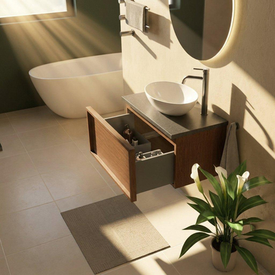Saniclass Holz Frame Ensemble de meubles de salle de bains - 80x45x43cm - Plan vasque en basalte Noche poli (noir) - 1 trou de robinet - 1 tiroir - walnut pure mat (bois)