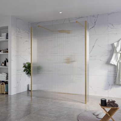 FugaFlow Eccelente Vetro Vrijstaande inloopdouche badkamer - 160x200cm - Helder geribbeld - antikalk - 8mm veiligheidsglas - 2 zijwanden 30cm - met wandarmen en hoekprofielen - Messing geborsteld (goud) -