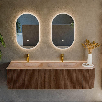 MONDIAZ KURVE-DLUX 165cm badmeubel ronding Rechts kleur Walnut met 2 lades en 1 deur. Wastafel STOR SMALL Dubbel / Links 2 kraangaten Saba.