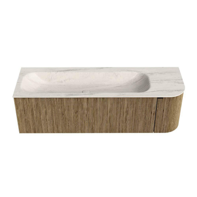 MONDIAZ KURVE-DLUX Meuble de salle de bains 145cm arrondi à droite couleur Dusk avec 1 tiroir et 1 porte. Lavabo BIG LARGE à gauche 1 trou de robinet Meli.