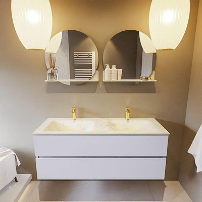 Mondiaz VICA-DLUX ensemble de meuble de salle de bain - 130cm - meuble sous-vasque cale - 2 tiroirs - lavabo encastré cloud double - 2 trous de robinet - version haute de 60cm - opalo