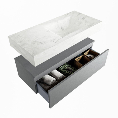 Mondiaz ALAN-DLUX Ensemble de meuble - 100cm - meuble Plata mat - 1 tiroir - Lavabo Cloud Opalo suspendu - vasque Droite - 0 trous de robinet