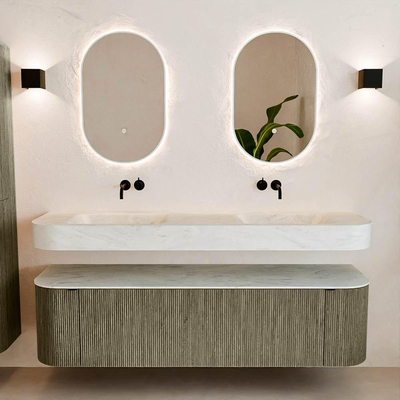 MONDIAZ THOR-DLUX 170cm meuble de salle de bains arrondi gauche + droite couleur Shadow avec 1 tiroir et 2 portes. Vasque suspendue CLOUD Double sans trou de robinet couleur Opalo.